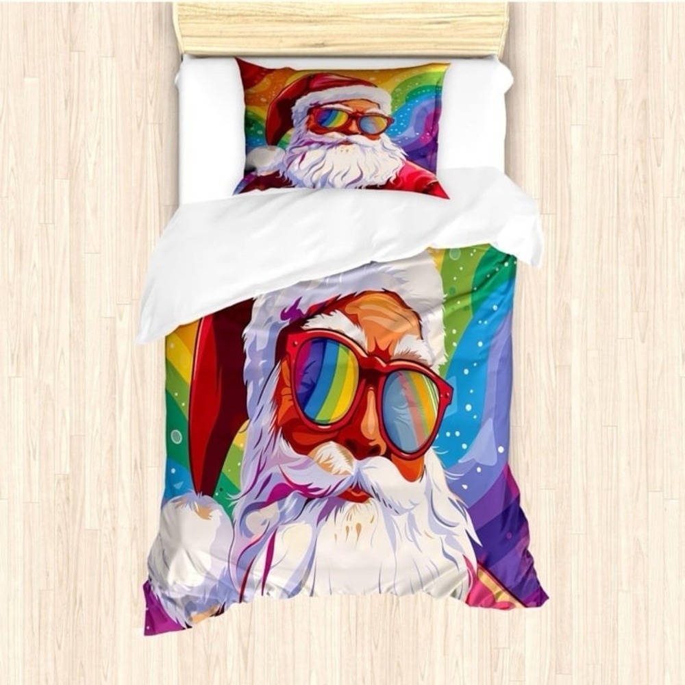 Lunarable‎ Christmas Duvet Cover Set, Xmas with Rainbow Colors Pride Theme Santa